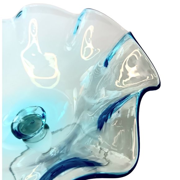 Blue Glass Hand Blown Ruffled Candy Compote Dish Clear Stem Mid-century Modern - Picture 8 of 12